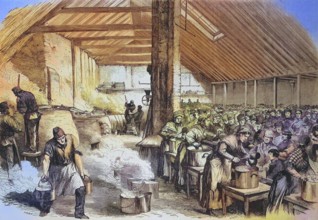 Poverty and hardship in London, public soup kitchen and rations for the poor in the Spitalfields