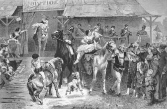 Parade in front of the circus, horses and acrobats amuse children and adults, 1869, Paris, France,