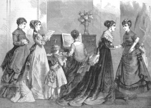 Distinguished woman in the fashion of the season, 1868, at the piano and singing, costumes and