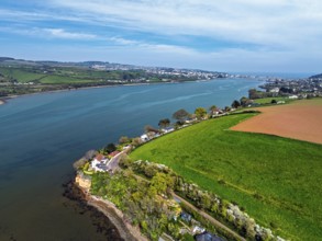 Farms and Fields over River Teign from a drone, Teignmouth, Shaldon, Devon, England, United