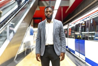 Young businessman standing on a subway platform, waiting for his train, symbolizing urban commuting