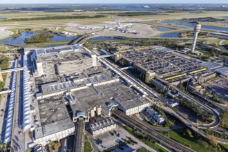 Aerial view of Orlando International Airport with Terminal Concourse Airside 4 and Tower in