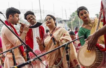 Head instructor Dreamly Gogoi (M) dance in a Bihu dance workshop ahead of Rongali Bihu Festival, in
