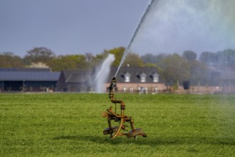 Artificial irrigation of a cereal field in April, with a sprinkler system, long dry spell in spring
