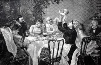 Christening banquet, family sitting at the table and the mother holding the baby, 1890, Germany,