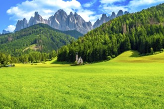 Green meadow with st. Magdalena church and stunning odle mountain range in dolomites, italy