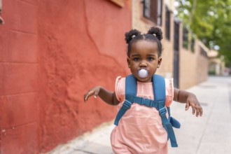 Cute baby african girl running along a street using pacifier