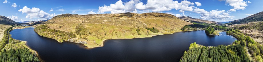 Panorama of Mountains over Loch Iubhair from a drone, Crianlarich, Highlands, Scotland, United