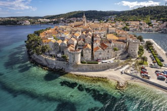 The old town centre of Korcula town seen from the air, Croatia, Europe