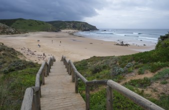 Carrapateira, Algarve, Portugal - Praia do Amado, wooden jetty to the surfers' beach on the west