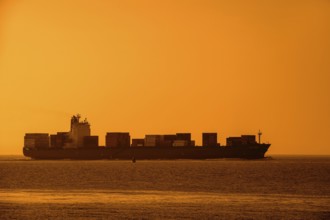 Container ship, containership Amalthea, loaded with containers silhouetted against orange sunset