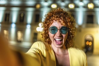 Happy woman laughing while taking selfie at city at night