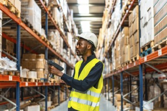 Side view of an african worker scanning packages with bar code reader