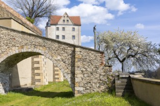 Castle, arched bridge with retaining wall, Nossen, Saxony, Germany, Europe
