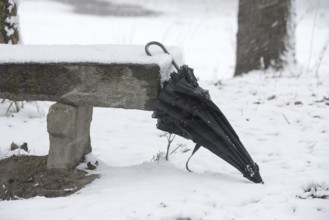 Umbrella Leaning on a Bench with Snow in Winter in a Park in Locarno, Ticino, Switzerland, Europe