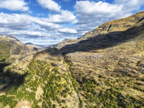 Glen Nevis Valley and River Navis from a drone, Fort William, Lochaber, Highland, Scotland, United