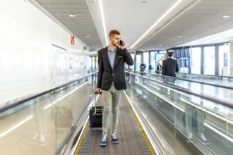 Businessman pulling suitcase and talking on smartphone while using airport moving walkway