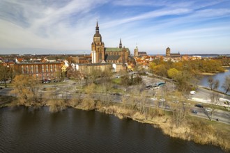 City view of Stralsund with St Mary's Church seen from the air, Mecklenburg-Vorpommern, Germany,