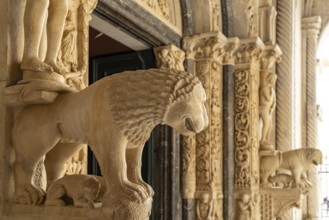 Lion at Radovan's portal of the Cathedral of St Lawrence in Trogir, Croatia, Europe