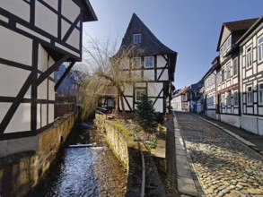 Half-timbered houses on the small river Abzucht in the old town, Goslar, UNESCO World Heritage