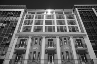 Facade of the residence Olympos Naoussa, black and white, Thessaloniki, Macedonia, Greece, Europe