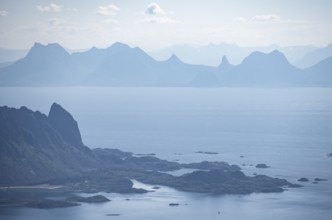 Mountain peak and fjord Austensfjorden, fjord landscape and sea, view from the summit of