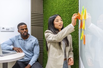 Businesswoman sticking notes on whiteboard during a brainstorming session with her colleague in a
