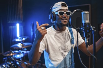Talented african american artist wearing trendy sunglasses and headphones, passionately recording