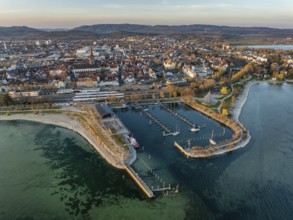 Aerial view of the town of Radolfzell on Lake Constance at low tide with the Wäschbruck harbour,