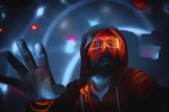 Bearded man with futuristic orange glasses interacting with holographic interface in virtual