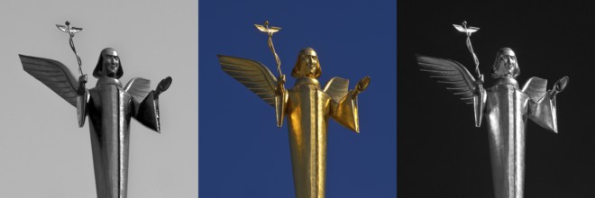 The Golden Angel by Fritz Bartsch-Hofer on the roof of the Engel pharmacy in Giessen, graphic