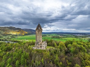 The National Wallace Monument or William Wallance Monument from a drone, Stirling, Scotland,