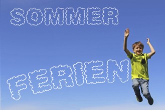 Summer holiday symbol: Lettering in front of a blue sky and a boy jumping in the air with joy
