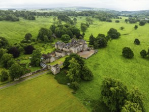 Featherstone Castle from a drone, River South Tyne, Haltwhistle, Northumberland, England, United