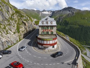 Hotel Belvédère on the Furka Pass, the most famous pass hotel in the world. The building is closed