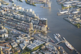 Aerial view of Hamburg harbour with Elbe, Elbphilharmonie, Speicherstadt, Hafen City,