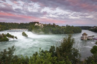 The Rhine Falls at Schaffhausen in Switzerland at sunset with Laufen Castle on the Rhine Falls. An
