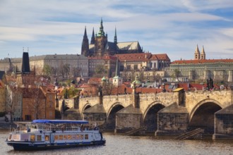 View over the Vltava River to Hradcany Hill, Charles Bridge, Prague, Czech Republic, Europe