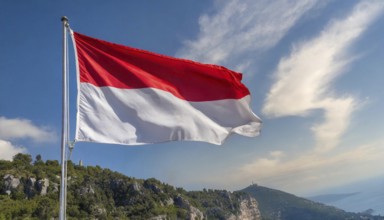 The Monaco flag flutters in the wind