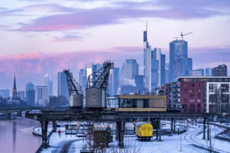 The skyline of Frankfurt am Main, skyscrapers of the banking district, historic harbour cranes at