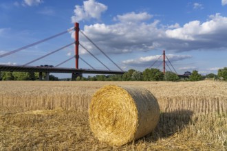 Grain field, harvested, straw bales, near Duisburg-Baerl, behind the motorway bridge of the A42