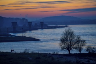 Rhine at Duisburg-Bruckhausen, towers of the water extraction facilities of ThyssenKrupp Steel