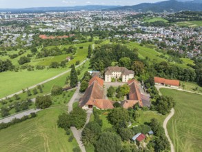 Aerial view of castle Jesuitenschloss Merzhause and city Freiburg, Germany, Europe