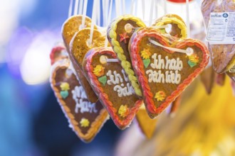 Gingerbread hearts with colourful icing on a market in a heart-shaped decoration with the