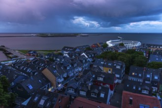 View from the upper land over the houses in the lower land to the Helgoland dune, Helgoland island,