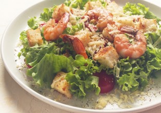 Caesar salad, with shrimp, on a white background, homemade, no people