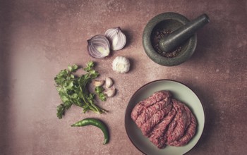Fresh minced meat, raw, with spices and ingredients. on the table, preparation, top view
