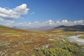 Vast autumnal landscape with a dirt road and distant mountains under a blue sky, hike to Snöhetta