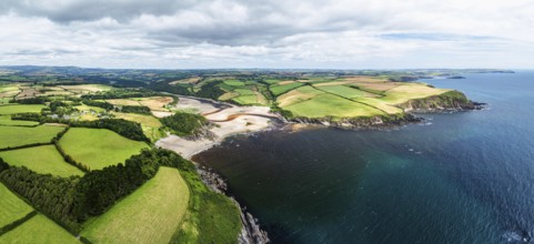 Panorama of Cliffs over Mothecombe Beach and Red Cove from a drone, River Emme, Mothecombe,