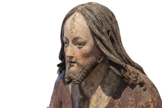 Head of Christ, detail of the Palmesel, wooden figure around 1520, on a white background, Diözesan